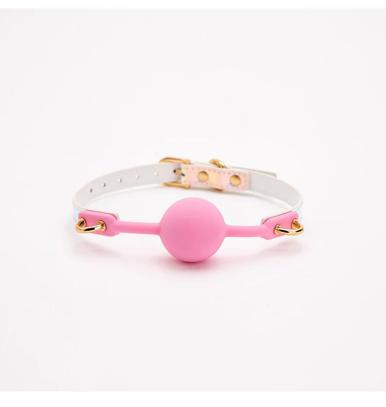 Soft silicone ball gag with leather band, designed for oral fixation, role play, and BDSM fun for couples and women