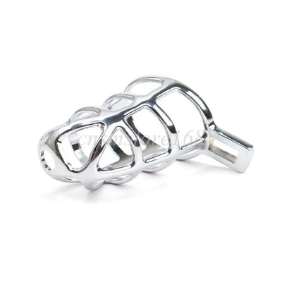 Metal chastity cage with adjustable rope ring and auxiliary belt, designed for bondage SM play and male chastity