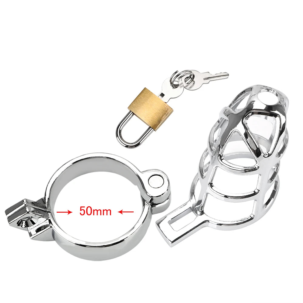 Metal chastity cage with adjustable rope ring and auxiliary belt, designed for bondage SM play and male chastity