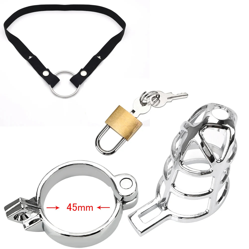 Metal chastity cage with adjustable rope ring and auxiliary belt, designed for bondage SM play and male chastity
