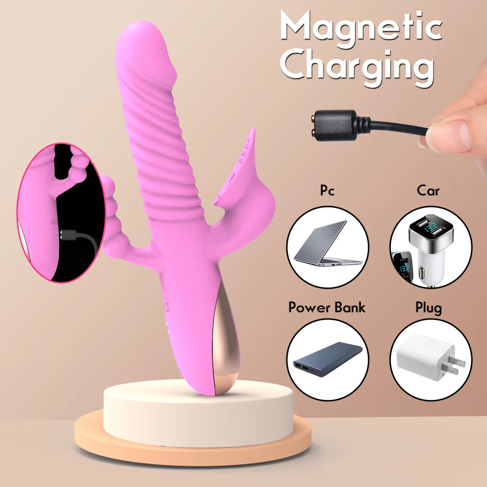 Thrusting sucking dildo vibrator for women, designed for G-spot, anal, and clitoral stimulation, offering multi-functional pleasure