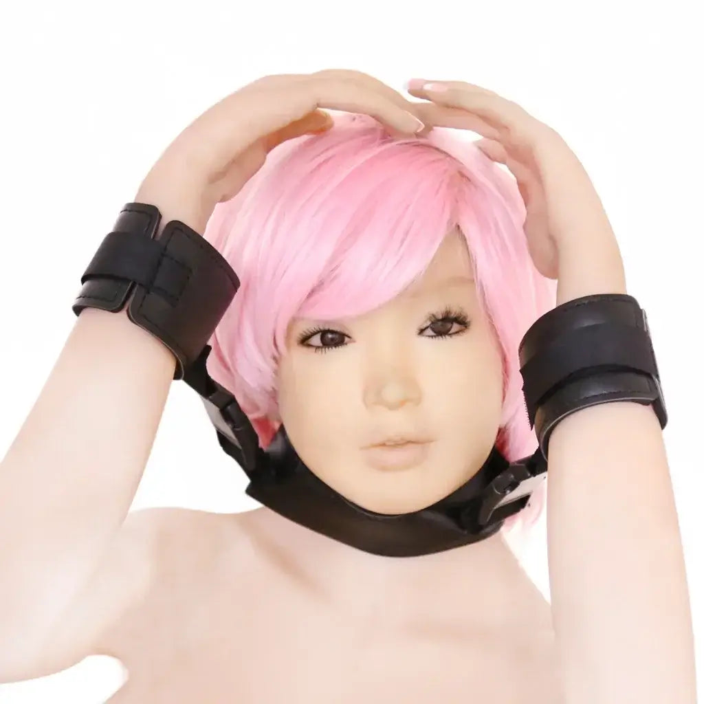 Neck collar to hand restraint with wrist cuffs slave harness, designed for bondage play and BDSM games for couples