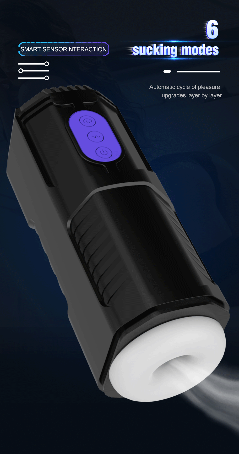 Automatic telescopic male masturbator cup with strong sucking and thrusting features, designed for enhanced male pleasure.