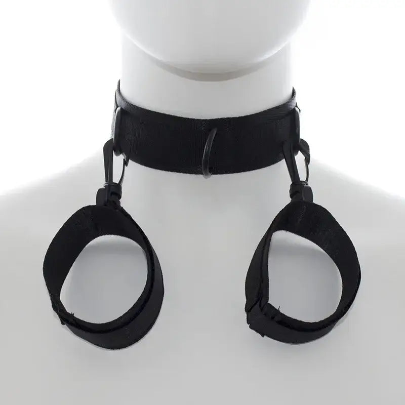 Neck collar to hand restraint with wrist cuffs slave harness, designed for bondage play and BDSM games for couples