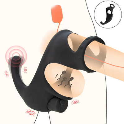 Male testicle penis ring vibrator, designed for vibrating anal and clitoral stimulation, ejaculation delay, and scrotum ball stretching