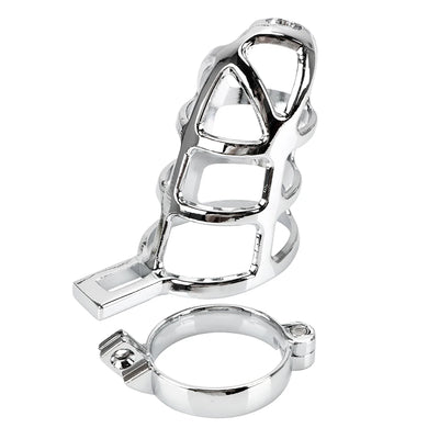 Metal chastity cage with adjustable rope ring and auxiliary belt, designed for bondage SM play and male chastity