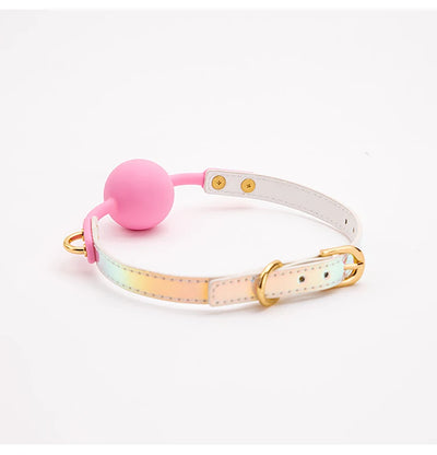 Soft silicone ball gag with leather band, designed for oral fixation, role play, and BDSM fun for couples and women